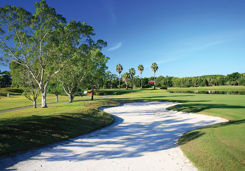 The seventh hole at Sanctuary Cove's The Palms course has a little bit of everything to stop you in your tracks.