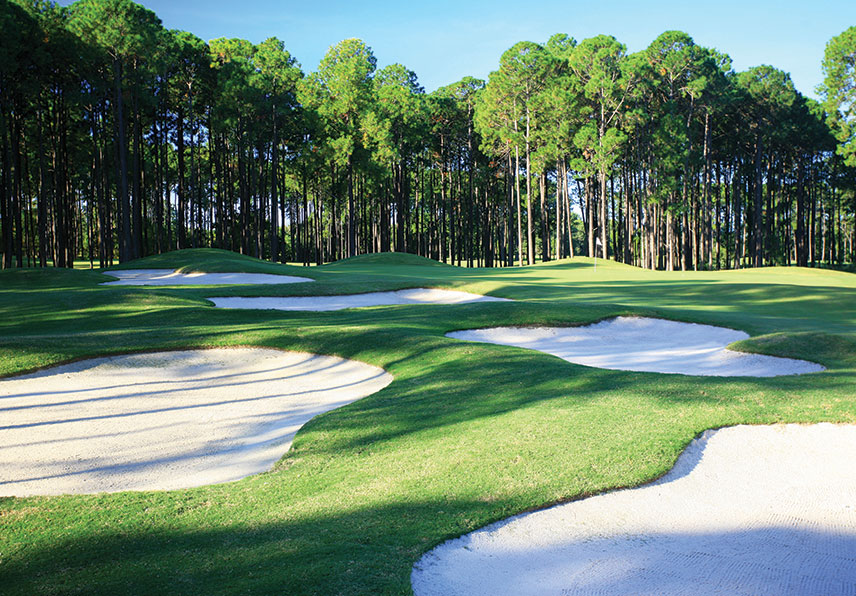 Sand features heavily on the fifth hole at The Pines.