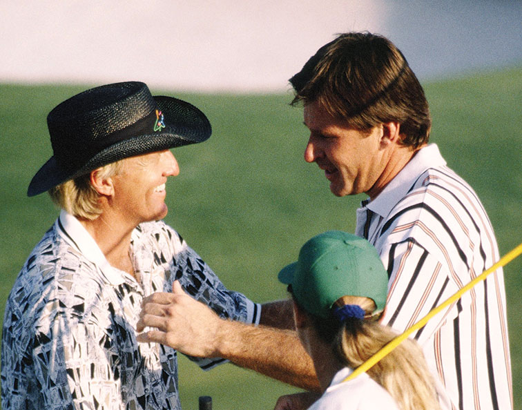 After his 78, Norman congratulated Faldo, who shot a 67 to win by five, and caddie Fanny Sunesson.