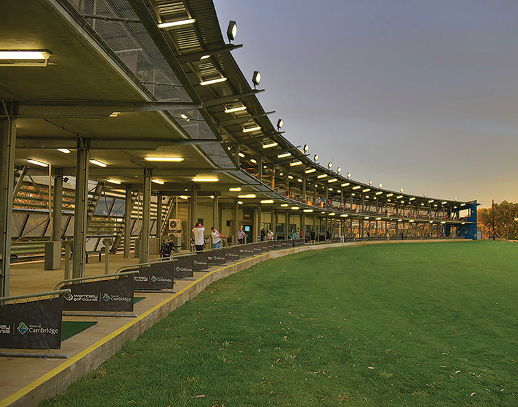 Hard-working golfers can aim directly at Perth’s skyscrapers while refining their game at The Swing driving range, which boasts 80 fully automated bays over two stories.