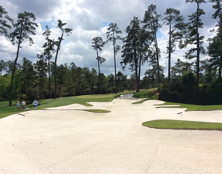An image rarely seen – up close to the enormous fairway bunker on Augusta's 10th hole.