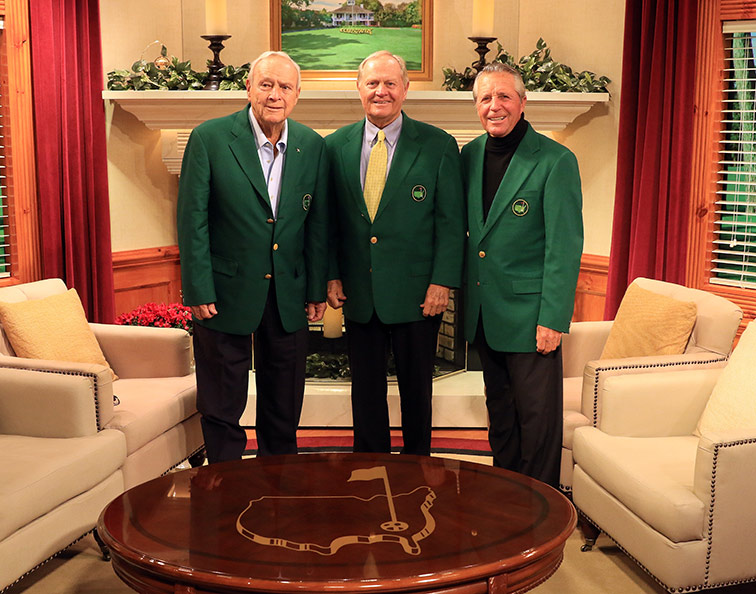 The Big Three – Arnold Palmer, Jack Nicklaus and Gary Player pose together on the Golf Channel set prior to the start of the 2015 Masters. 