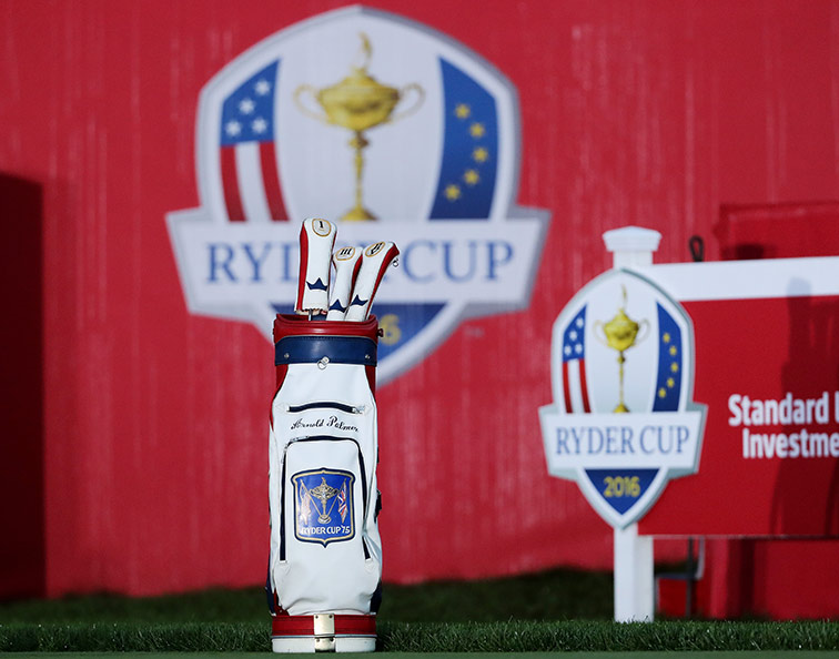 A golf bag honouring Arnold Palmer sits at the first tee during the Saturday foursome matches of the 2016 Ryder Cup at Hazeltine National.