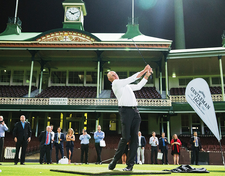 European Senior Tour star Peter Fowler in full swing at the Australian Golf Digest Player of the Year Awards, held at the iconic Sydney Cricket Ground.