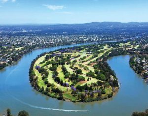 The 36-hole course is lined by the Brisbane River on most sides.
