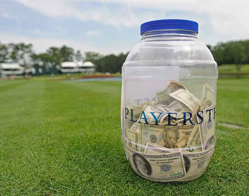 Caddie Kicks: the closest-to-the-pin winner gets the pot donated by players, and the tour matches the total for the Bruce Edwards Foundation.