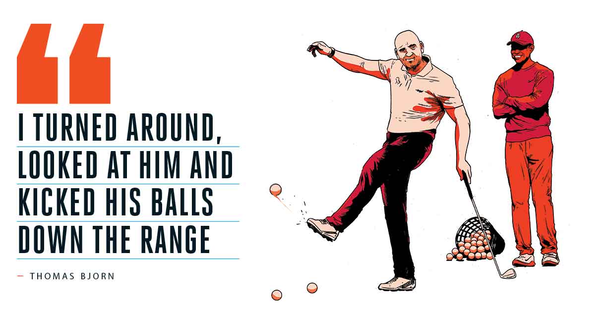 Illustration of Thomas Bjorn kicking Tiger Woods golf balls with Tiger Woods laughing in the background