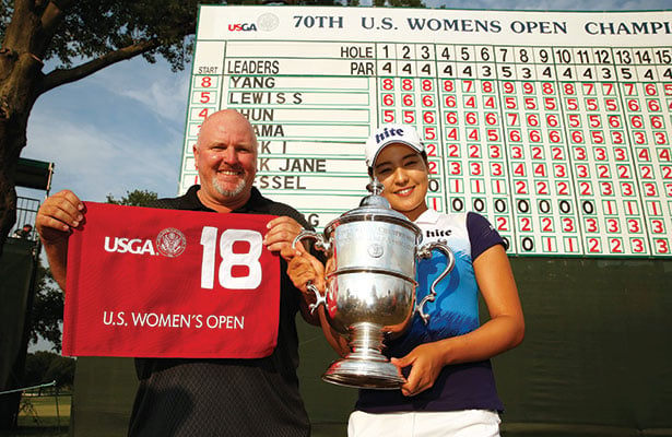Dean Herden celebrates with In Gee Chun after her 2015 US Women's Open victory.