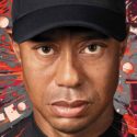 Tiger woods surrounded by golf items in an exploding illustration