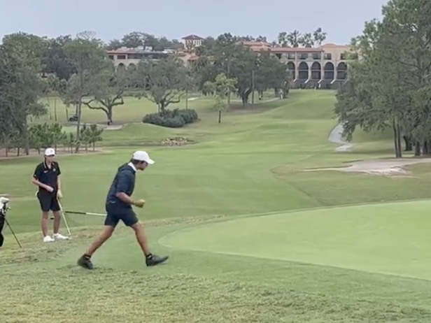 Charlie Woods channels pops with huge fist pump after chip-in at Florida High School State Championship