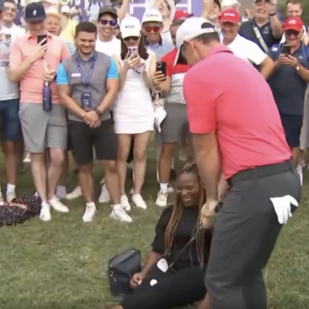 Rory McIlroy’s golf ball winds up in lady’s lap (No, he didn’t actually have to play it from there)