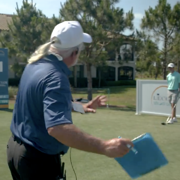 This ponytailed first-tee announcer alone is worth the price of admission at Korn Ferry Tour event