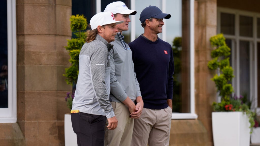 Cameron Smith, Jasper Stubbs and Adam Scott after a practice round. Photo: Ross Flannigan